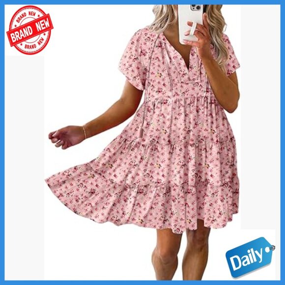 Dresses & Skirts - Viscose Mini Dress V-Neck Short Sleeve Boho Flowy Swing A-Line